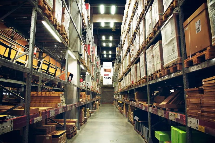 Warehouse aisle stacked with inventory